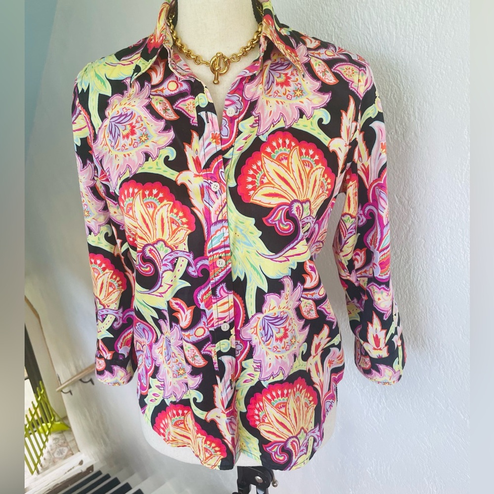 L Ralph Lauren Petite Womens NWOT Cotton Paisley Floral Button down Blouse PM